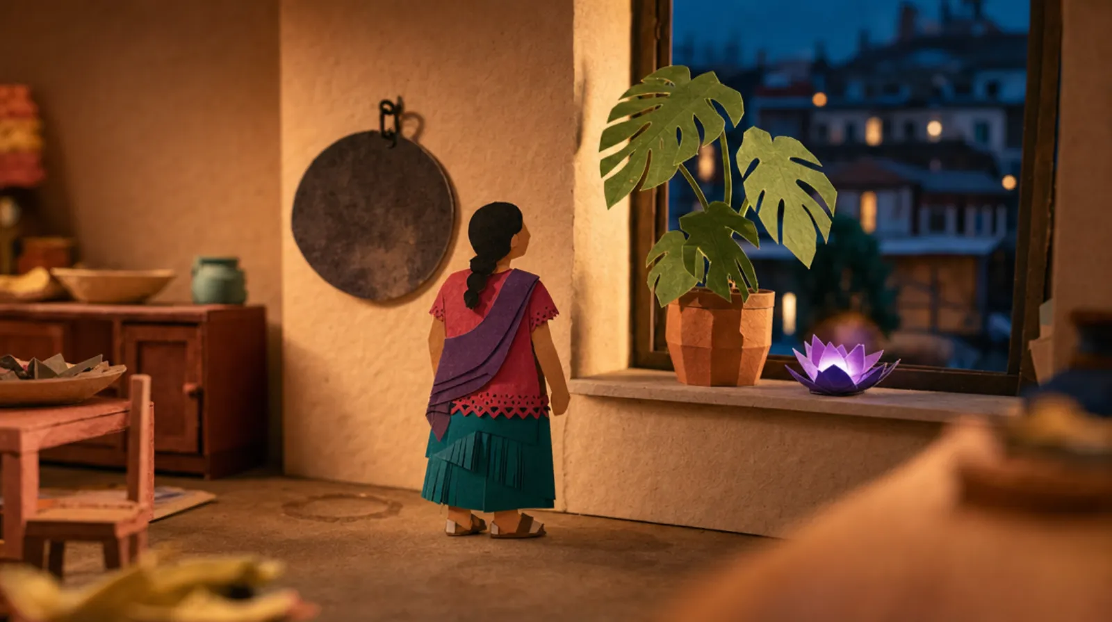 A woman seen from behind, small in the frame, standing near a window shelf where she has just moved a plant into a patch of stronger light, a faint dust ring marking where it used to sit.