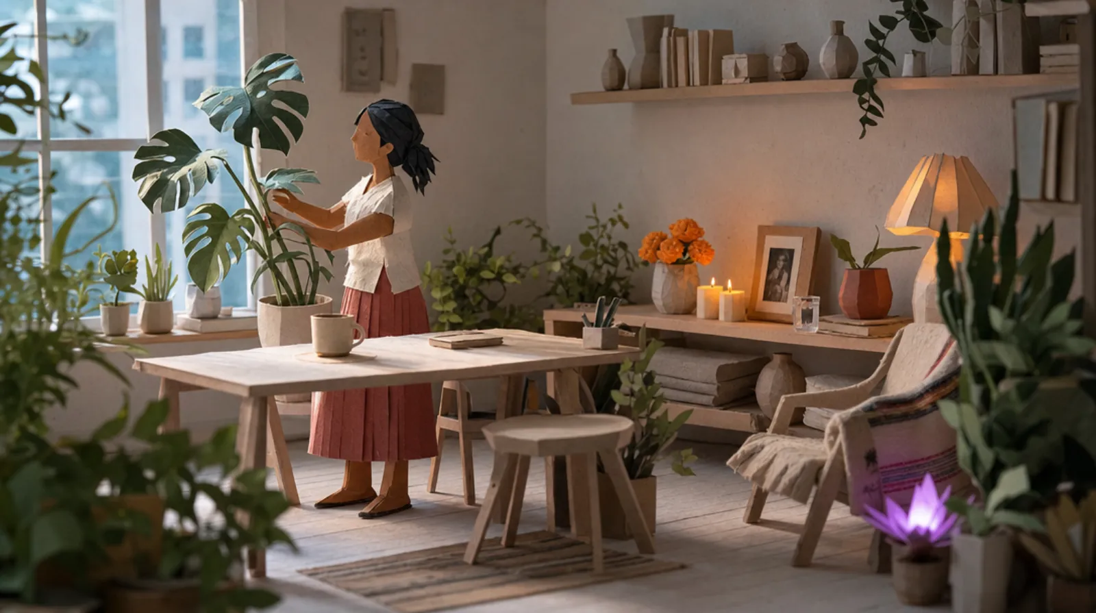 A paper-craft scene: a woman in a spare, light-filled Scandinavian apartment turning a leaning plant back toward the window, plants all around, a small candlelit nook with marigolds at the centre of a shelf.