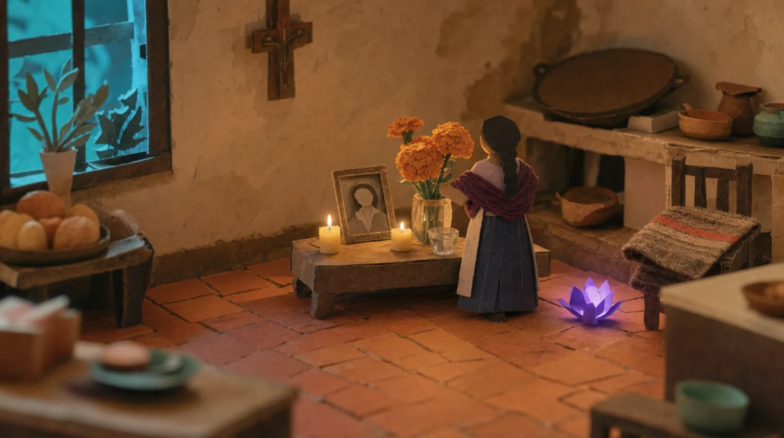 A paper-craft Oaxacan room at dawn: a small tended altar at the centre — marigolds, a framed photo, two candles, a glass of water — with a woman seen from behind gently straightening the flowers.