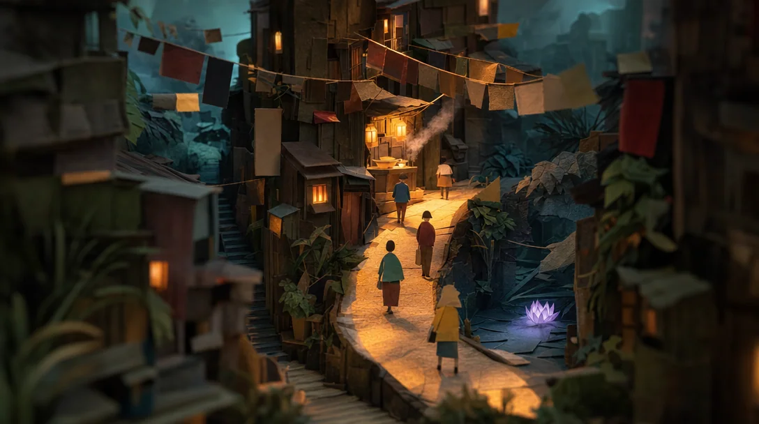 A paper-craft Sham Shui Po lane at dawn: one warmly-lit, well-worn path leads to a single glowing soup stall while the side alleys sit dark, as small figures walk the lit way.