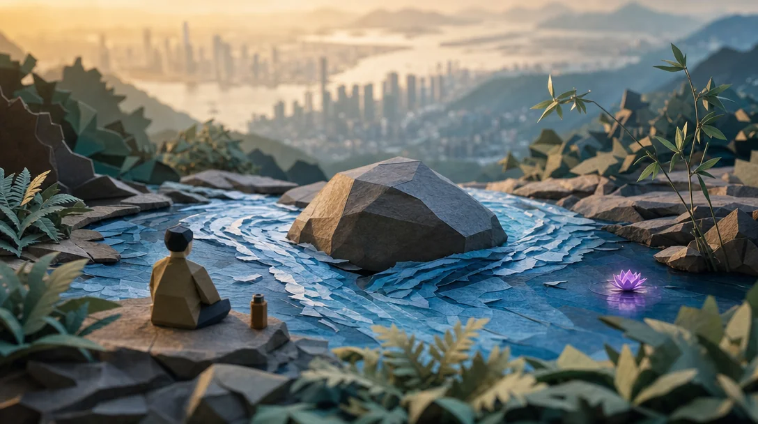 A paper-craft mountain stream in the misty hills above Hong Kong: the current splits gently around a large boulder and rejoins beyond it, while a small figure sits with his back to us, watching.