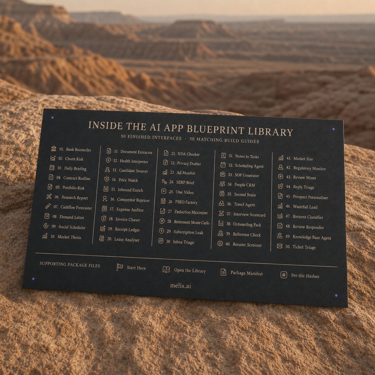 Complete fifty-app contents manifest for The AI App Blueprint Library