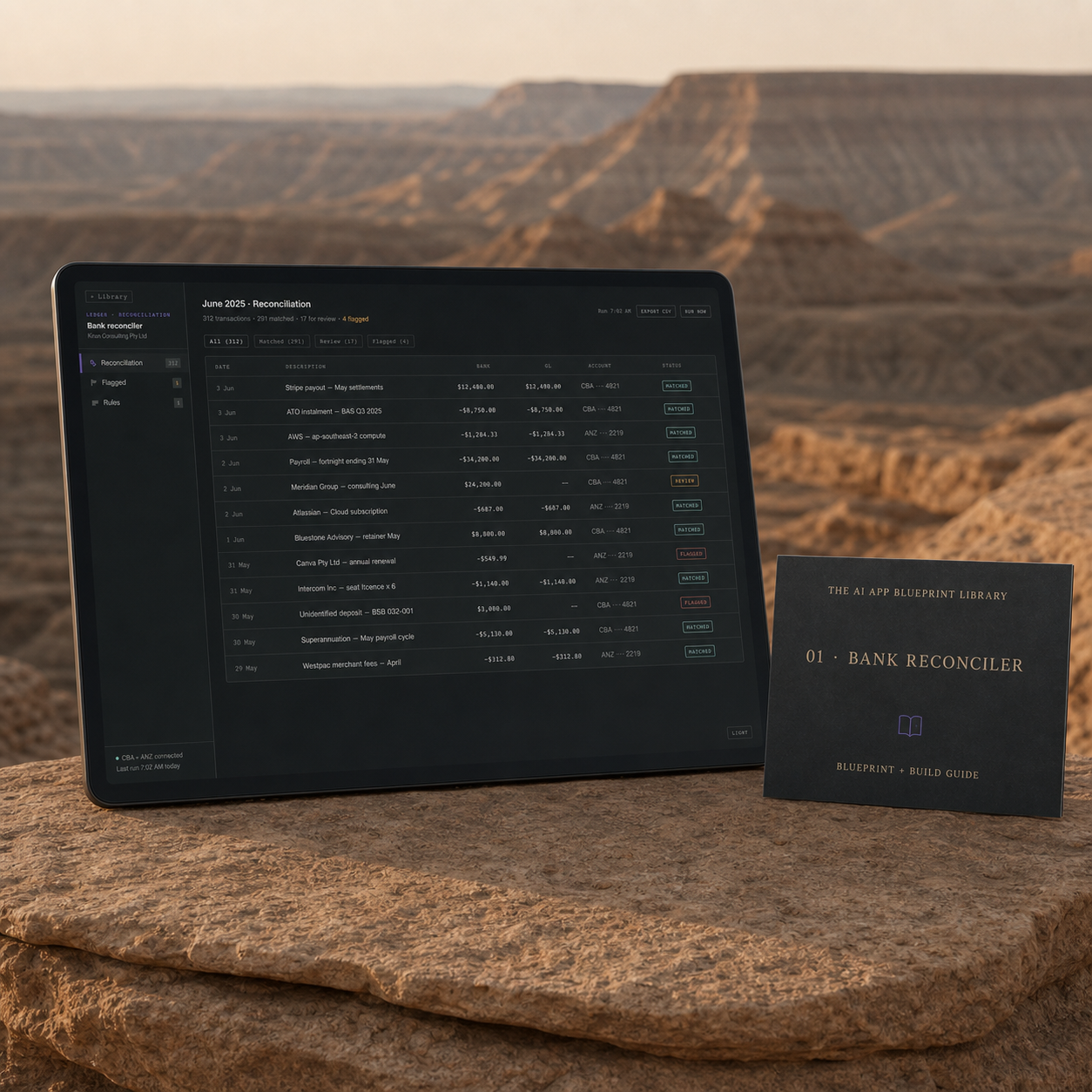 Bank Reconciler interface with its matching blueprint and build guide card