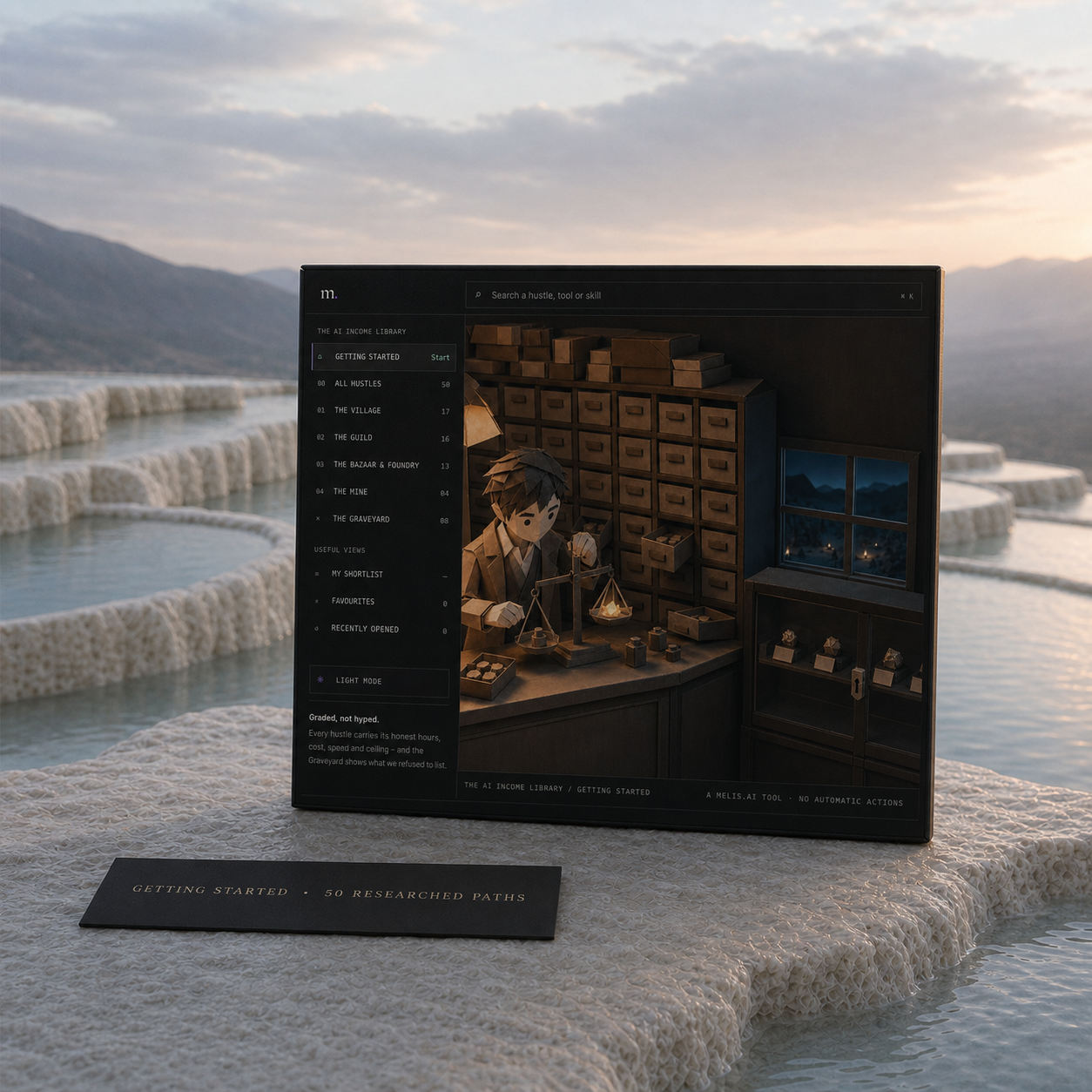 The shipped AI Income Library getting-started screen displayed on pale mineral terraces with a small charcoal proof card