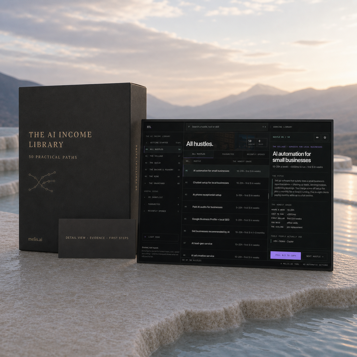 The AI Income Library’s real hustle detail drawer beside its catalogue, staged on pale mineral terraces