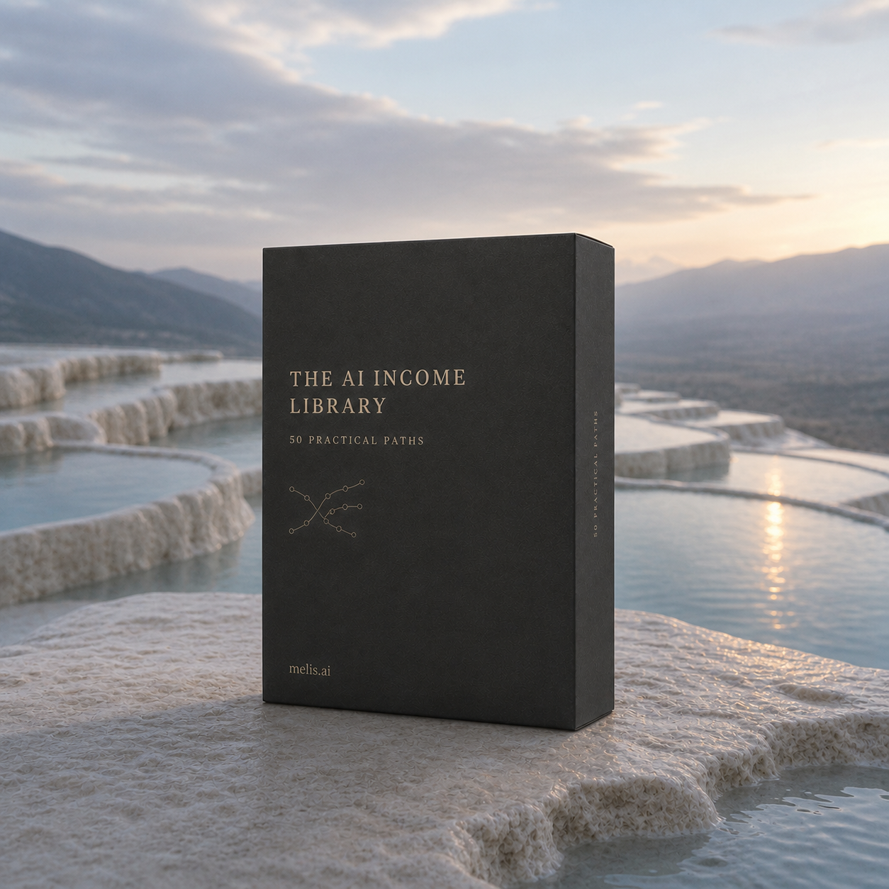 The AI Income Library presentation box on pale mineral terraces