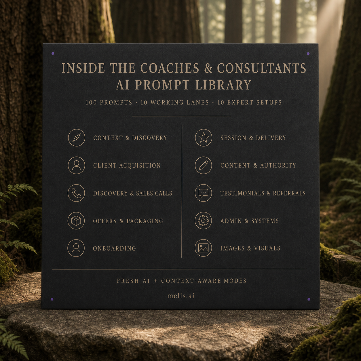 A charcoal contents card in an ancient redwood grove lists the ten working lanes and confirmed library counts