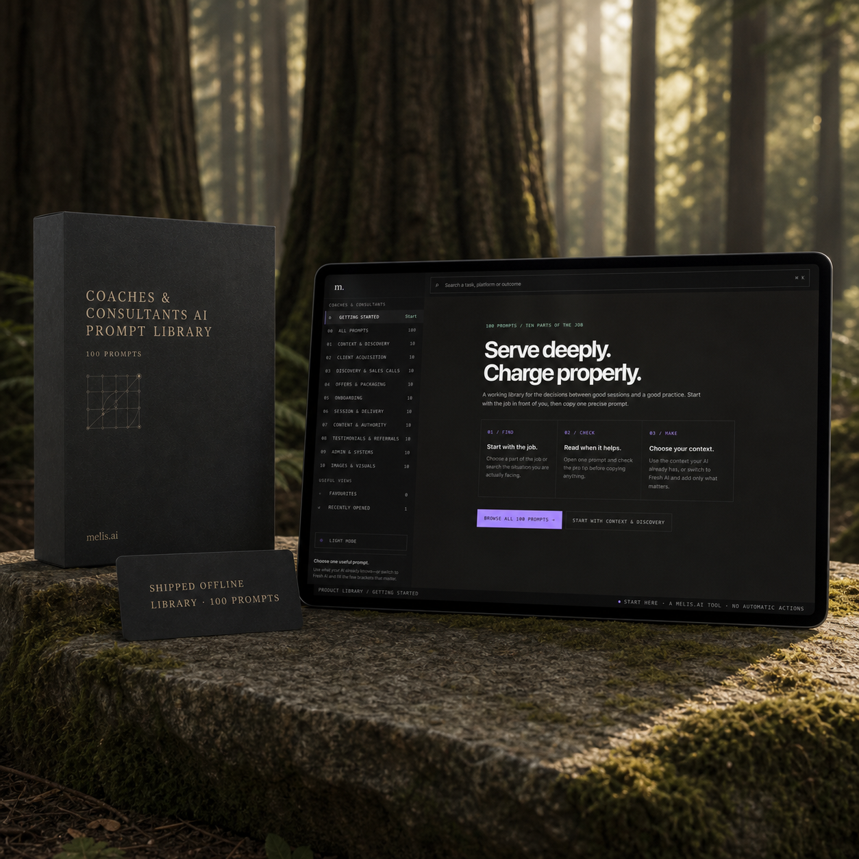 The shipped Coaches & Consultants prompt-library interface appears on a dark physical display in its redwood environment