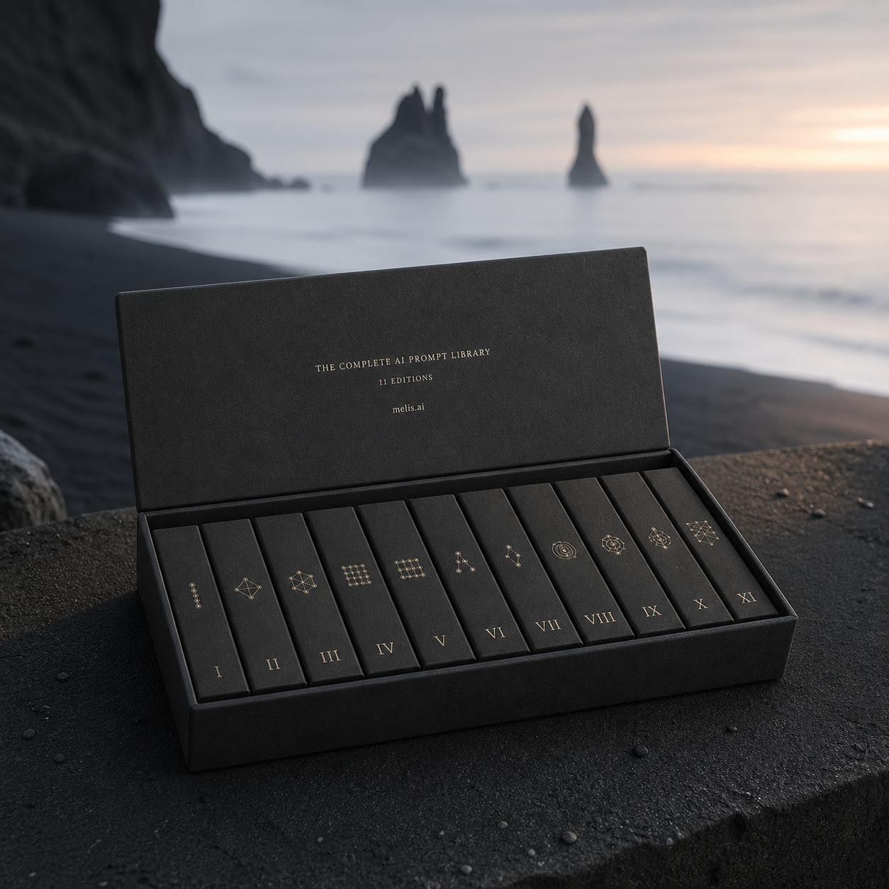 The Complete AI Prompt Library presentation set on a misty black-sand coast