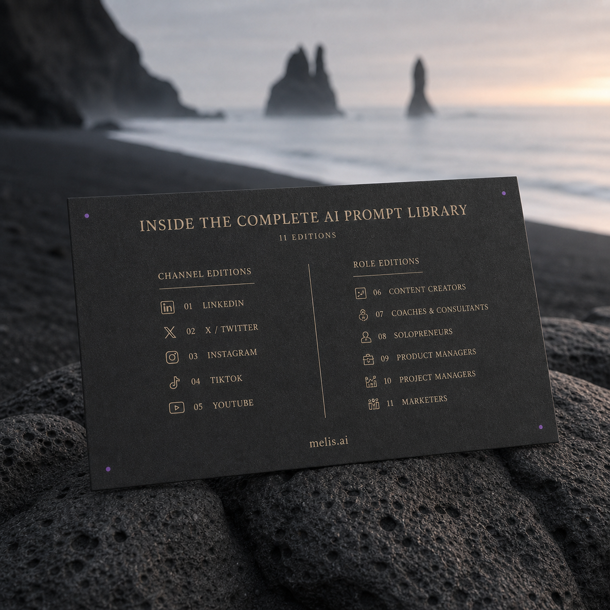 A charcoal contents card on black volcanic rocks lists the Complete AI Prompt Library’s five channel editions and six role editions against a misty black-sand coast