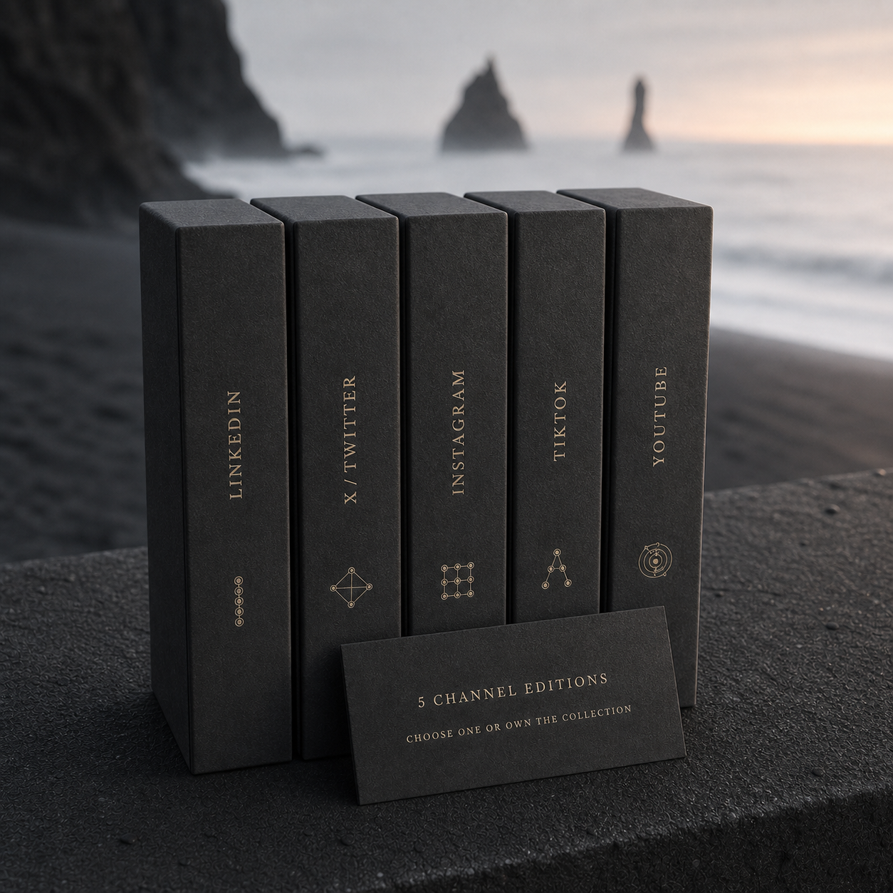 Five slim charcoal cartridges labelled LinkedIn, X / Twitter, Instagram, TikTok and YouTube stand on basalt beside a card reading 5 Channel Editions