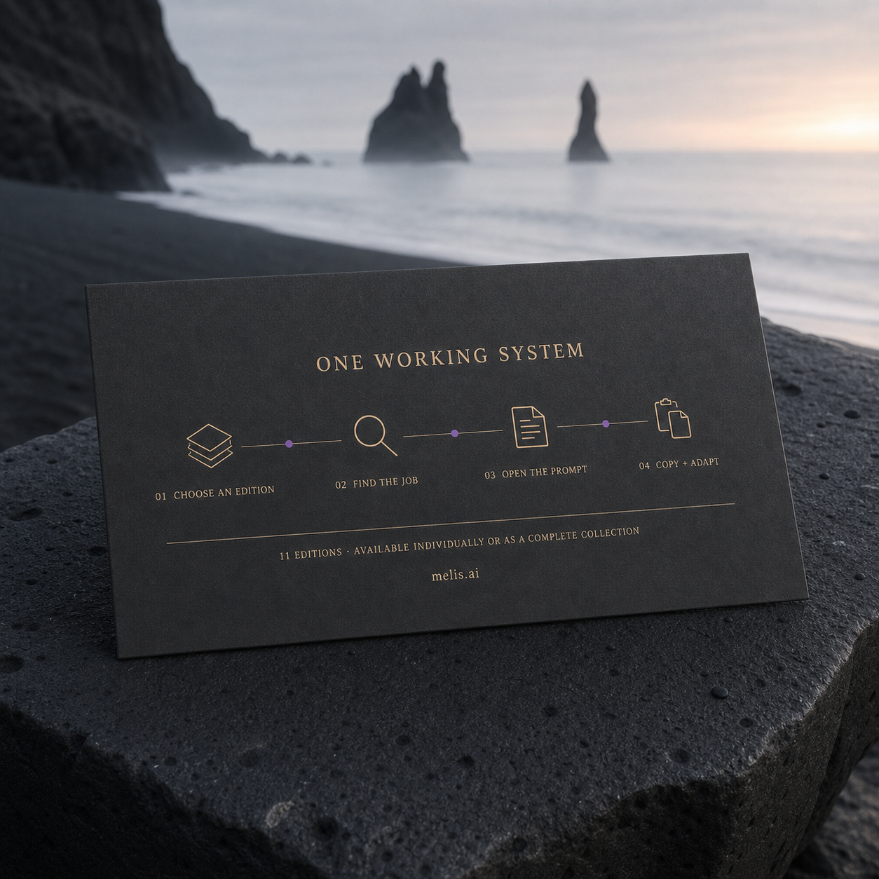 A charcoal process card on black basalt diagrams four steps: choose an edition, find the job, open the prompt, then copy and adapt