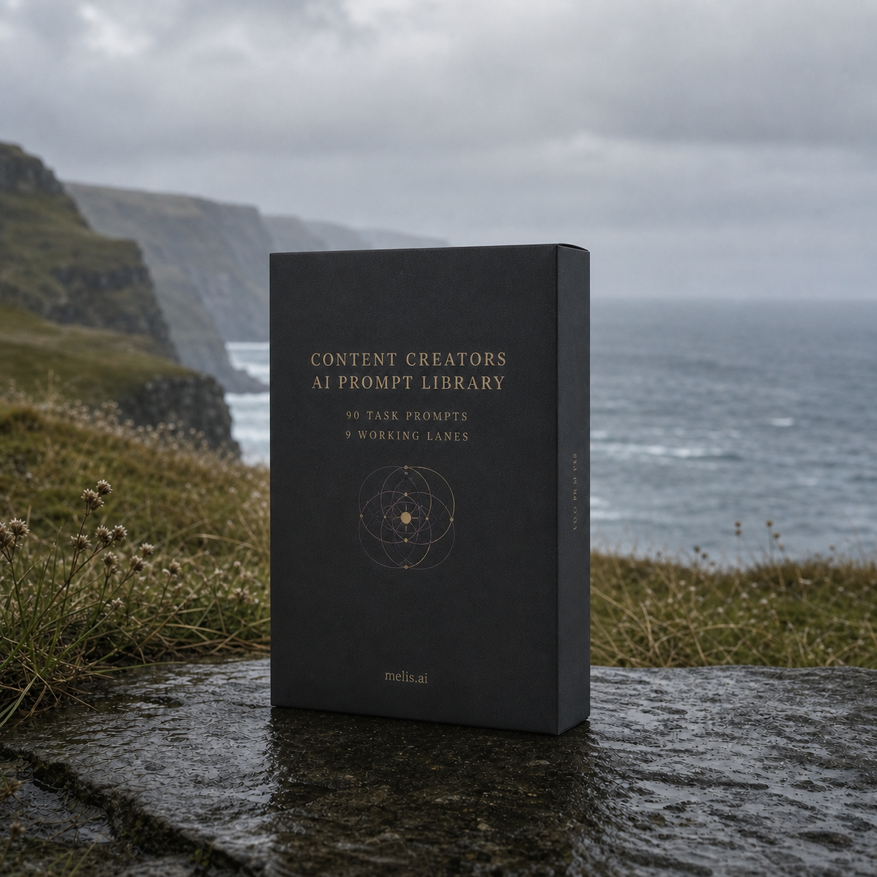 The Content Creators AI Prompt Library presentation box on a rain-wet Atlantic coast, labelled 90 task prompts and 9 working lanes