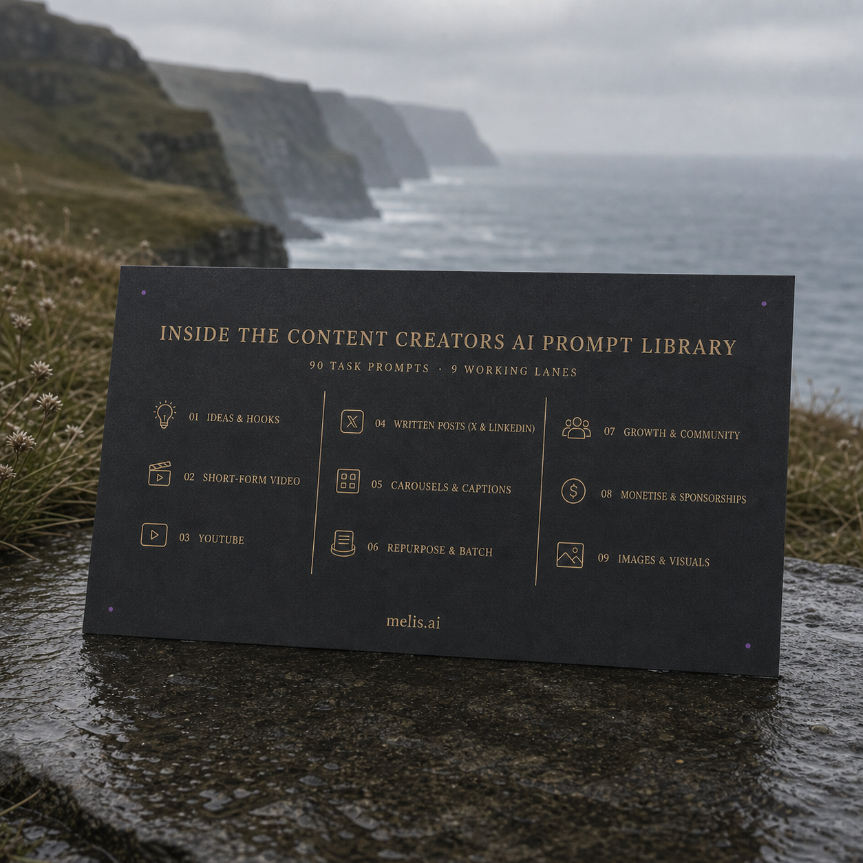 A charcoal contents card on rain-wet slate lists 90 Content Creators task prompts across nine working lanes
