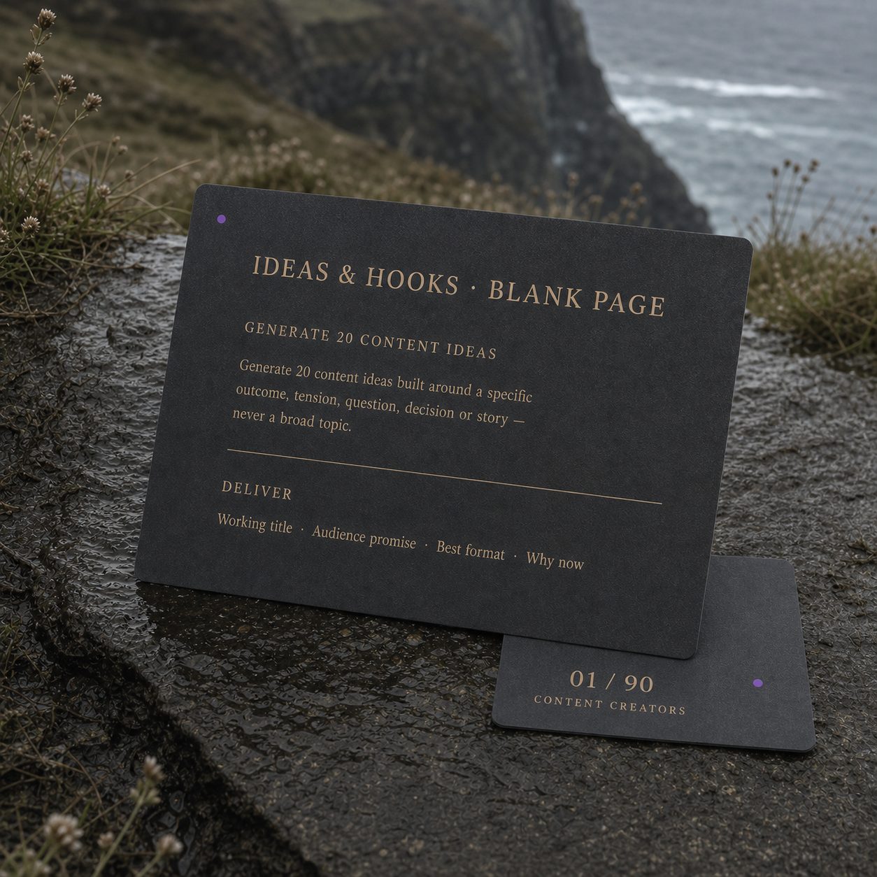 A charcoal prompt card shows the real Generate 20 content ideas prompt and its four requested deliverables