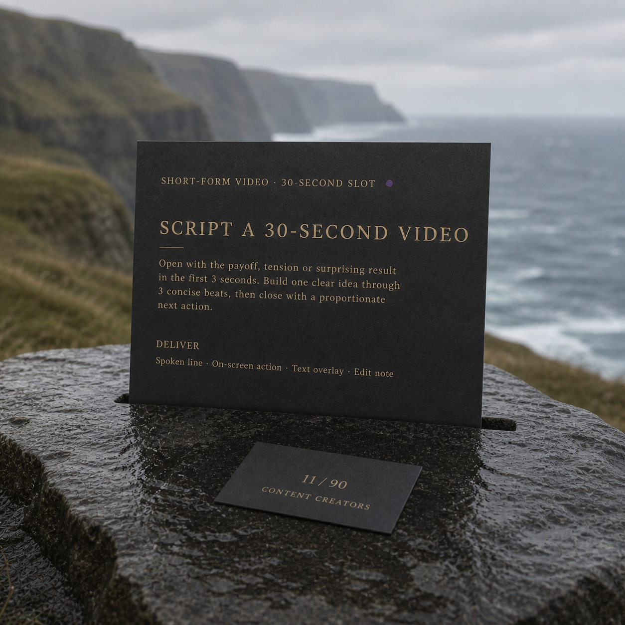An upright charcoal prompt card shows the real Script a 30-second video structure, indexed 11 of 90