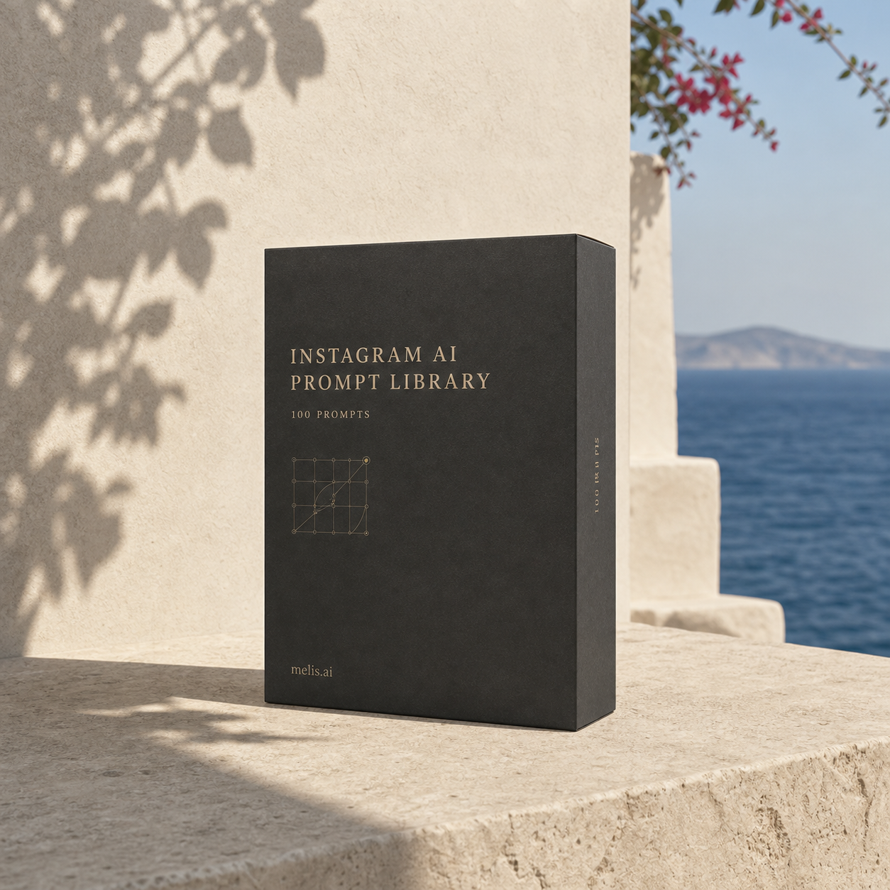 The Instagram AI Prompt Library presentation box on a sunlit Mediterranean terrace