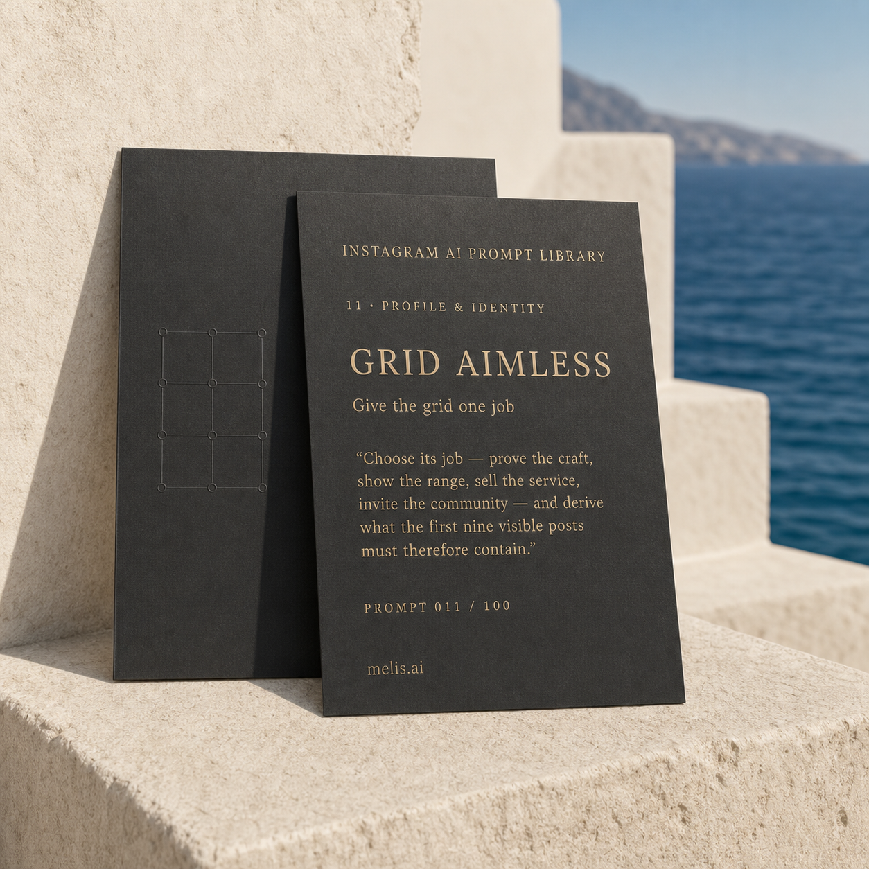 Two overlapping charcoal Instagram prompt cards beside the Aegean, led by Give the grid one job and a restrained nine-cell diagram