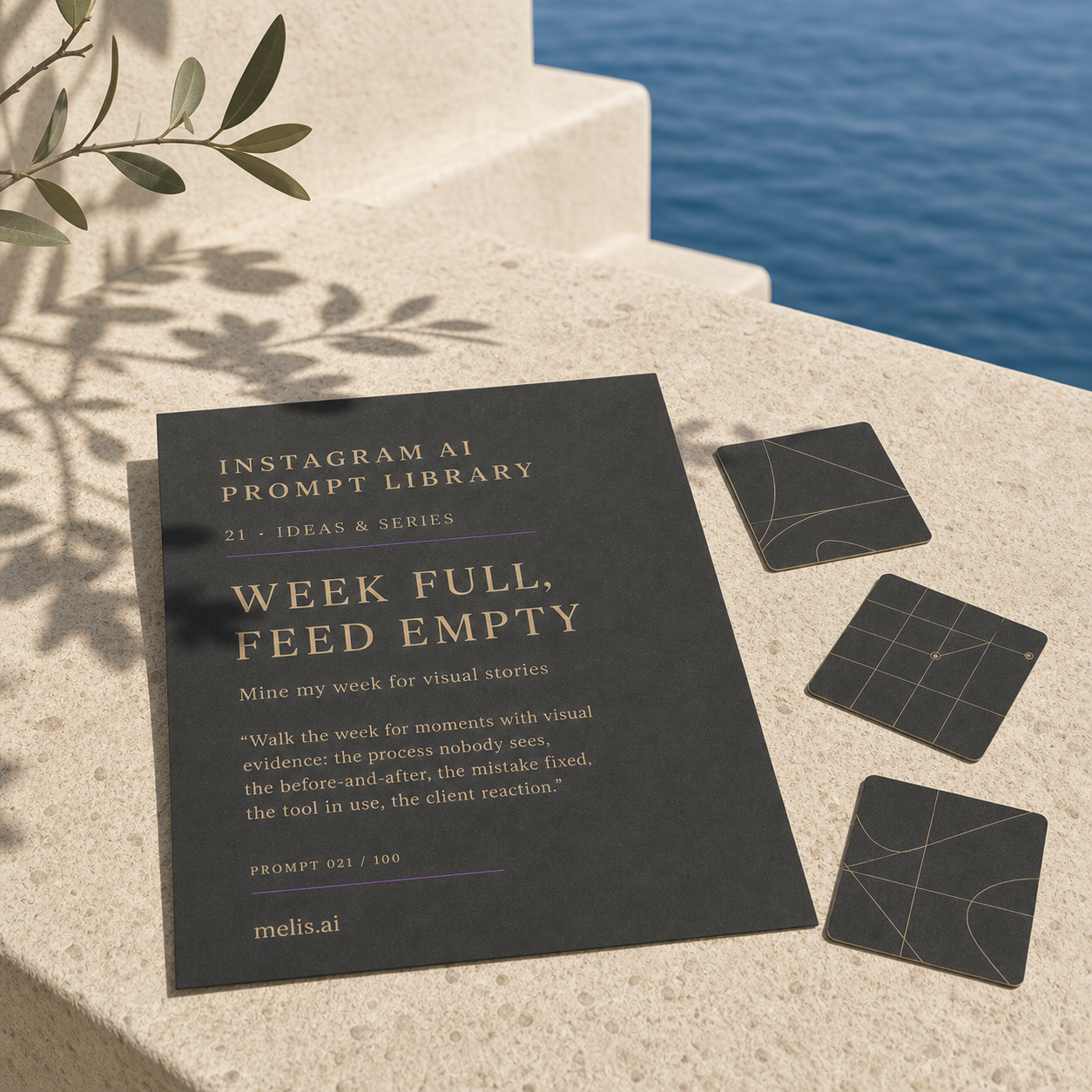 Instagram ideas prompt card and three abstract visual-story slips on sunlit limestone beneath an olive branch