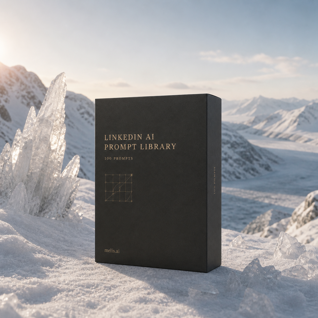 The LinkedIn AI Prompt Library presentation box in a crystalline alpine landscape