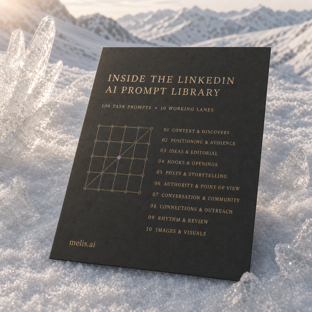Thin charcoal contents card for the LinkedIn AI Prompt Library standing in a crystalline alpine snow landscape, listing all ten verified working lanes