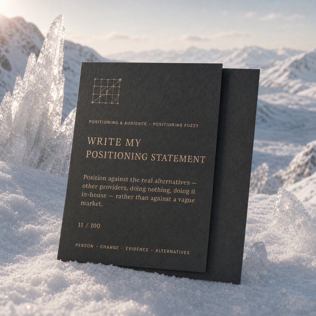 Two overlapping charcoal LinkedIn prompt cards in alpine snow, led by the verified Positioning & Audience prompt Write my positioning statement
