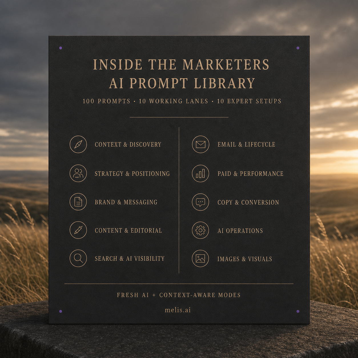 A charcoal contents card above a gold grassland lists the ten working lanes in the Marketers AI Prompt Library