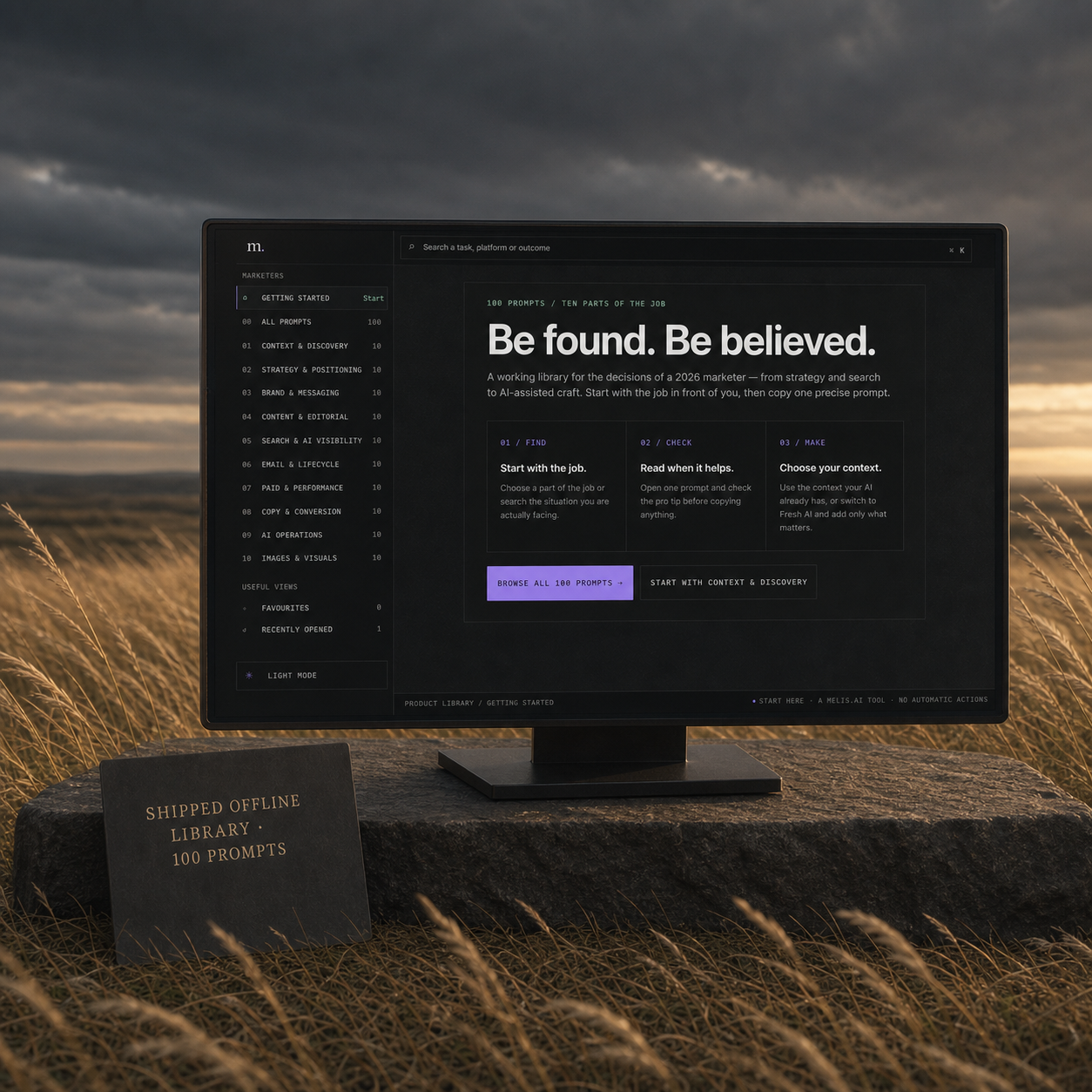 The shipped Marketers prompt-library interface appears on a dark display in a windswept gold grassland