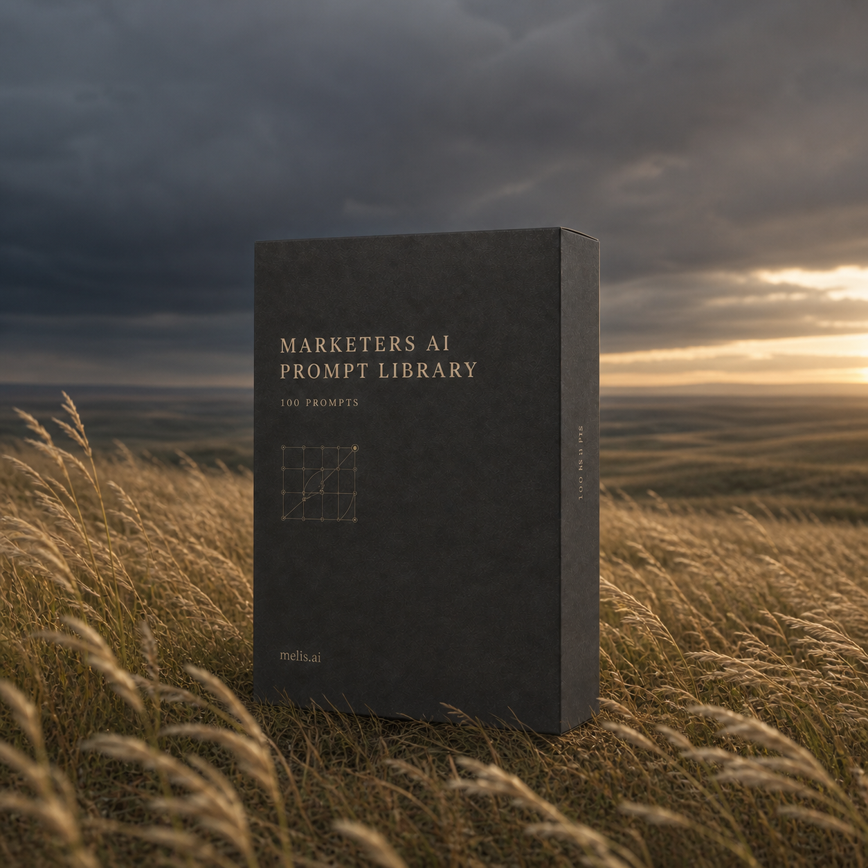 The Marketers AI Prompt Library presentation box in a windswept gold grassland