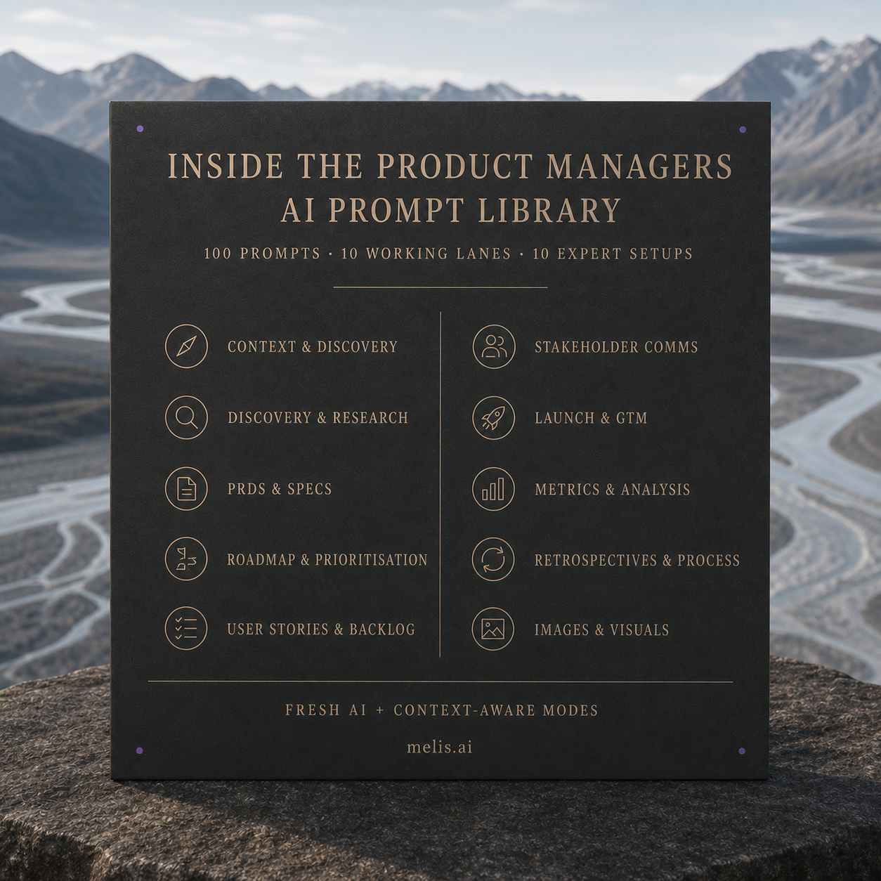 A charcoal contents card above a braided river lists the ten working lanes in the Product Managers AI Prompt Library