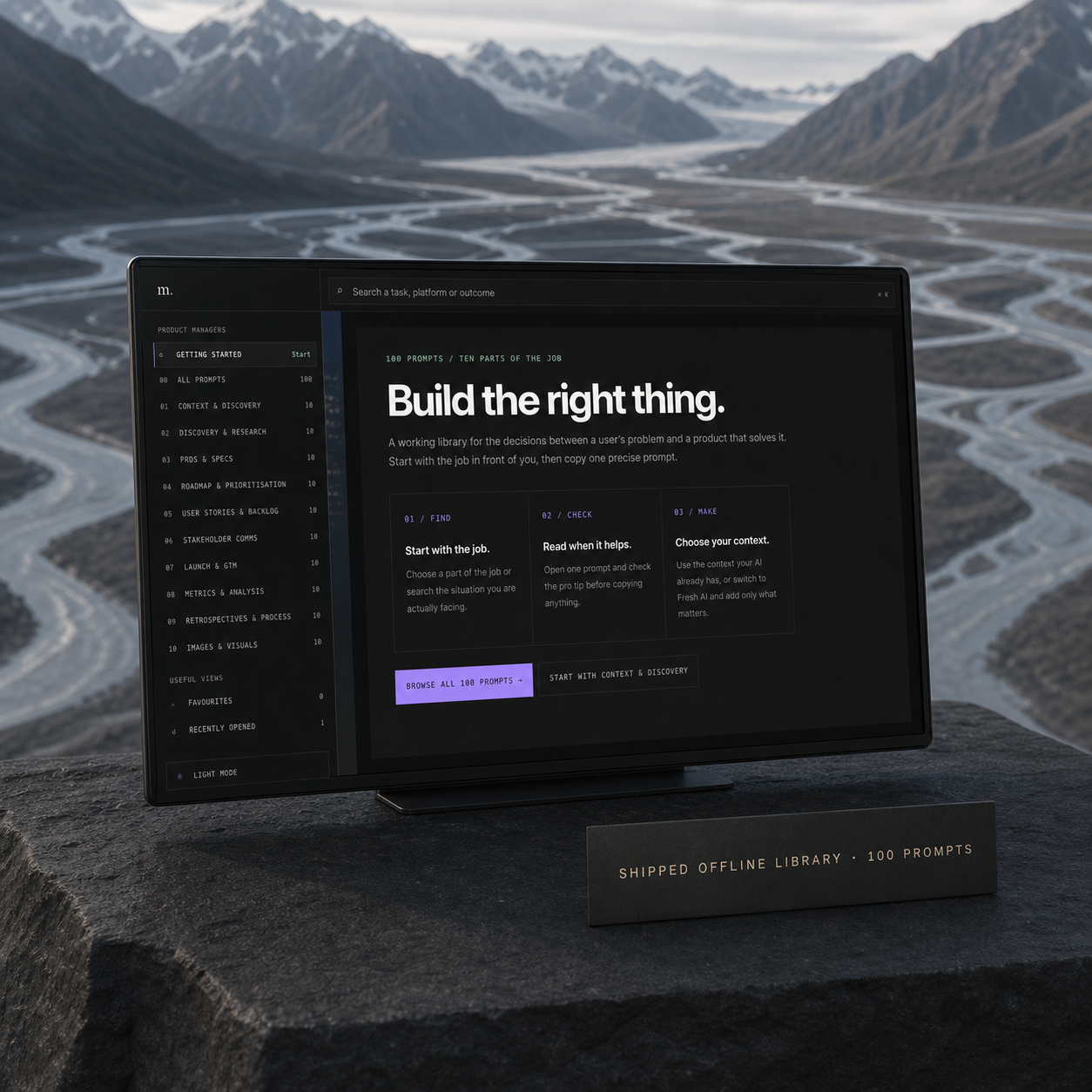 The shipped Product Managers prompt-library interface appears on a dark display above a braided glacial river