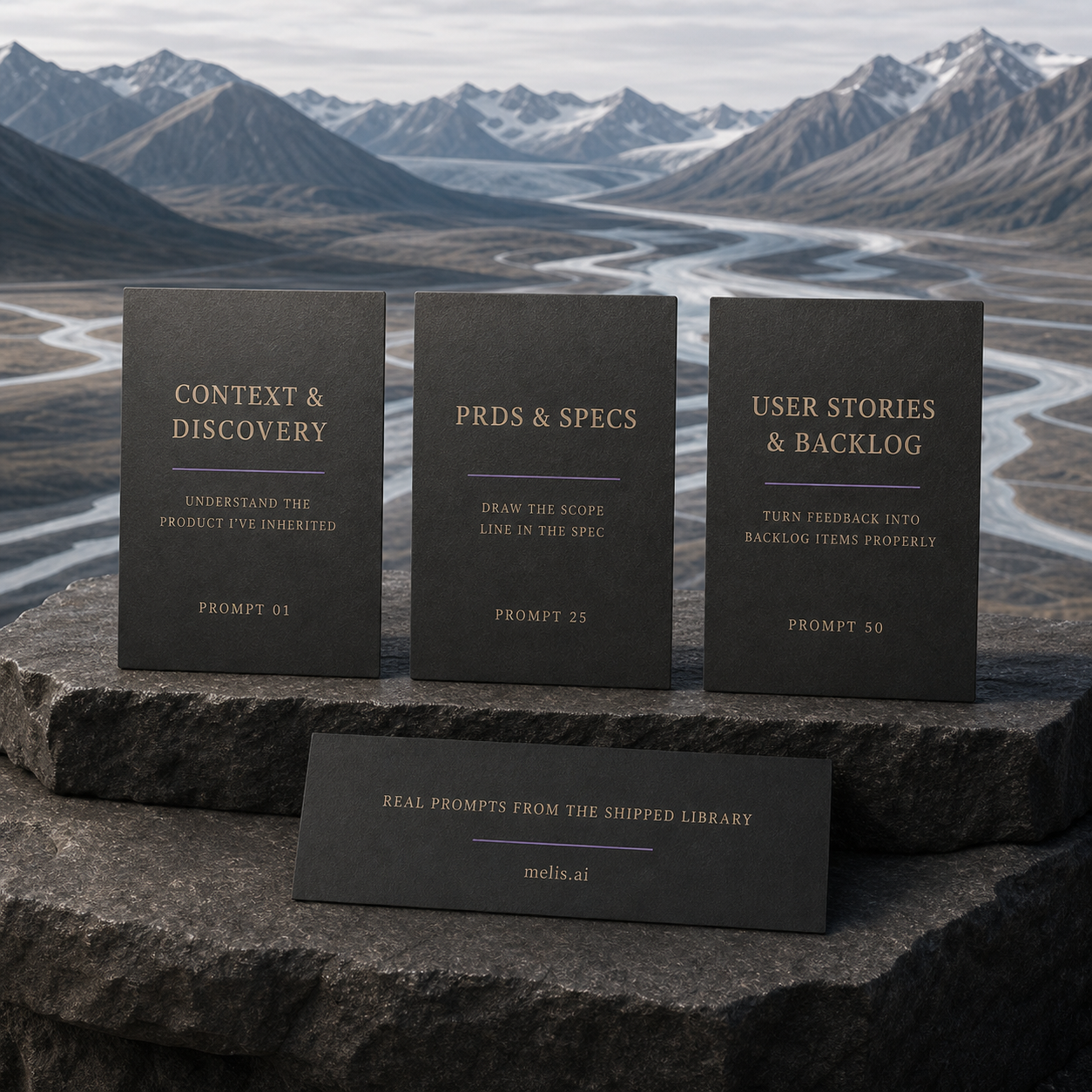 Three charcoal cards show real Product Managers prompt titles numbered 01, 25 and 50 from the final package