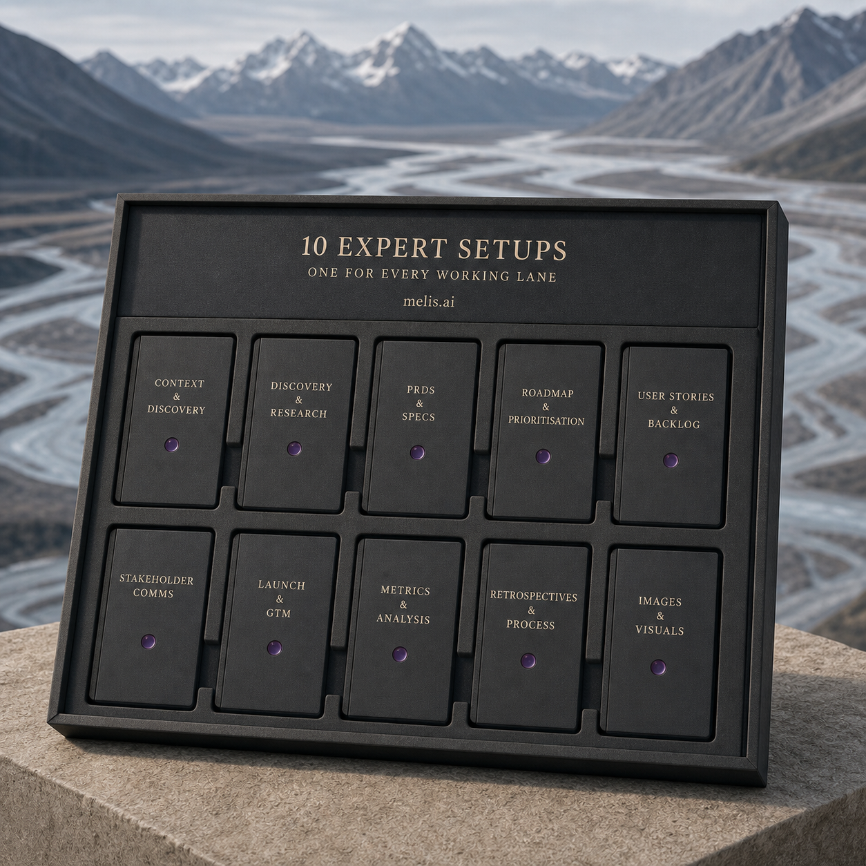 Ten charcoal expert-setup cartridges sit in a fitted tray above a braided glacial river