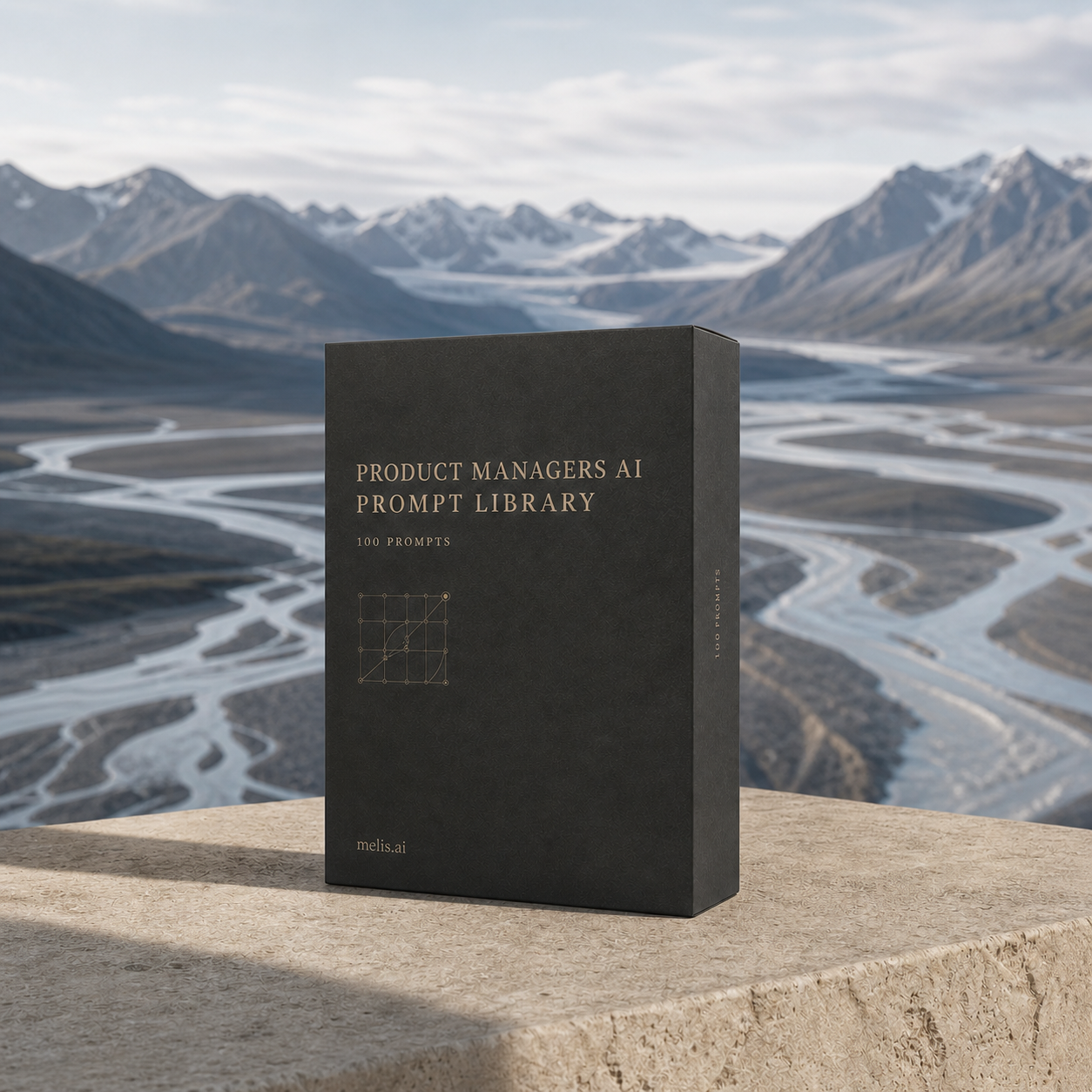 The Product Managers AI Prompt Library presentation box above a braided glacial river