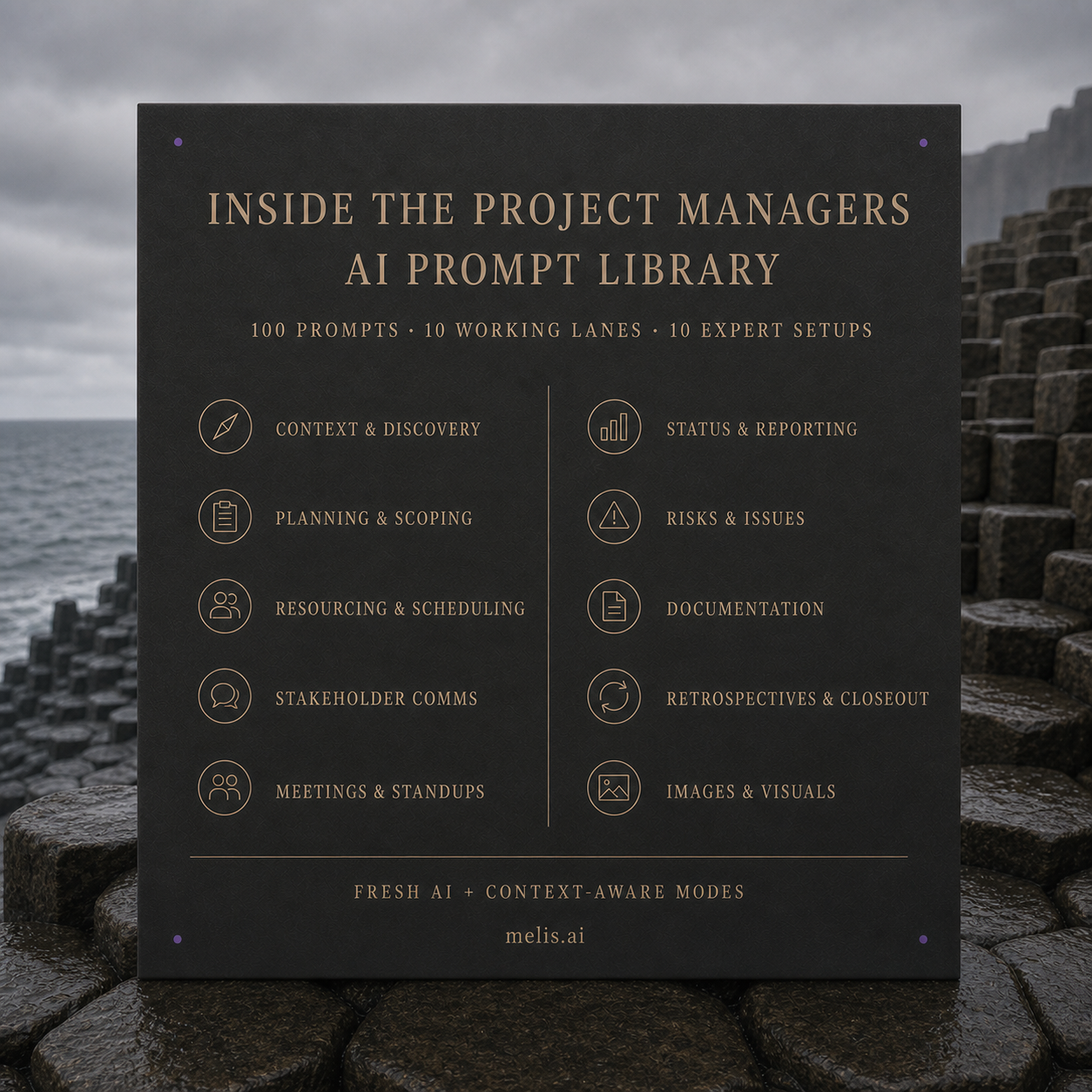 A charcoal contents card on wet basalt lists the ten working lanes in the Project Managers AI Prompt Library