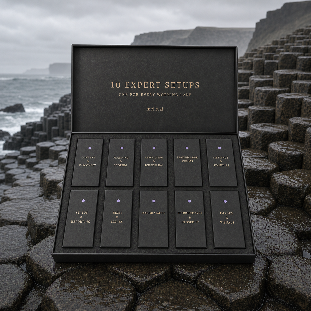 Ten charcoal expert-setup cartridges sit in a fitted basalt tray by the sea