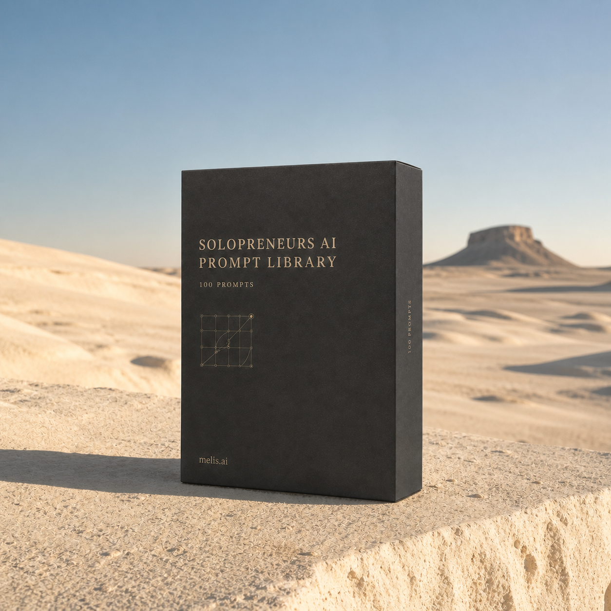 The Solopreneurs AI Prompt Library presentation box in an ivory desert