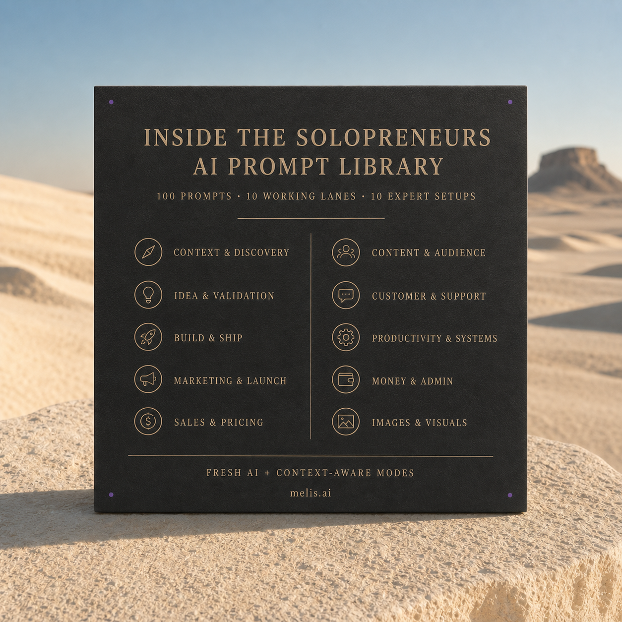 A charcoal contents card lists the Solopreneurs library’s ten working lanes and confirmed contents