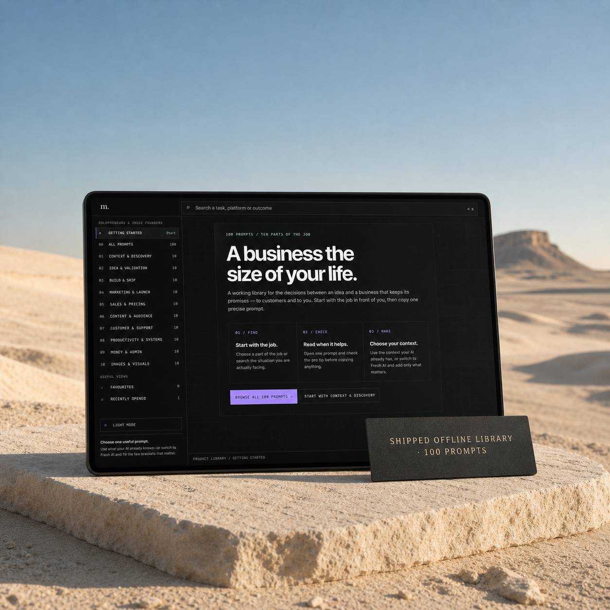 The shipped Solopreneurs prompt-library interface appears on a dark physical display in its ivory desert