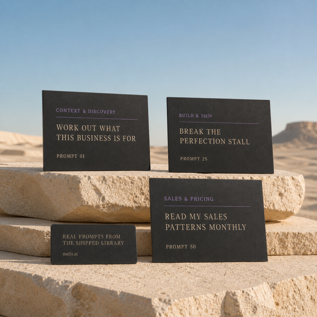 Three charcoal cards show real Solopreneurs prompt titles numbered 01, 25 and 50 from the final customer package