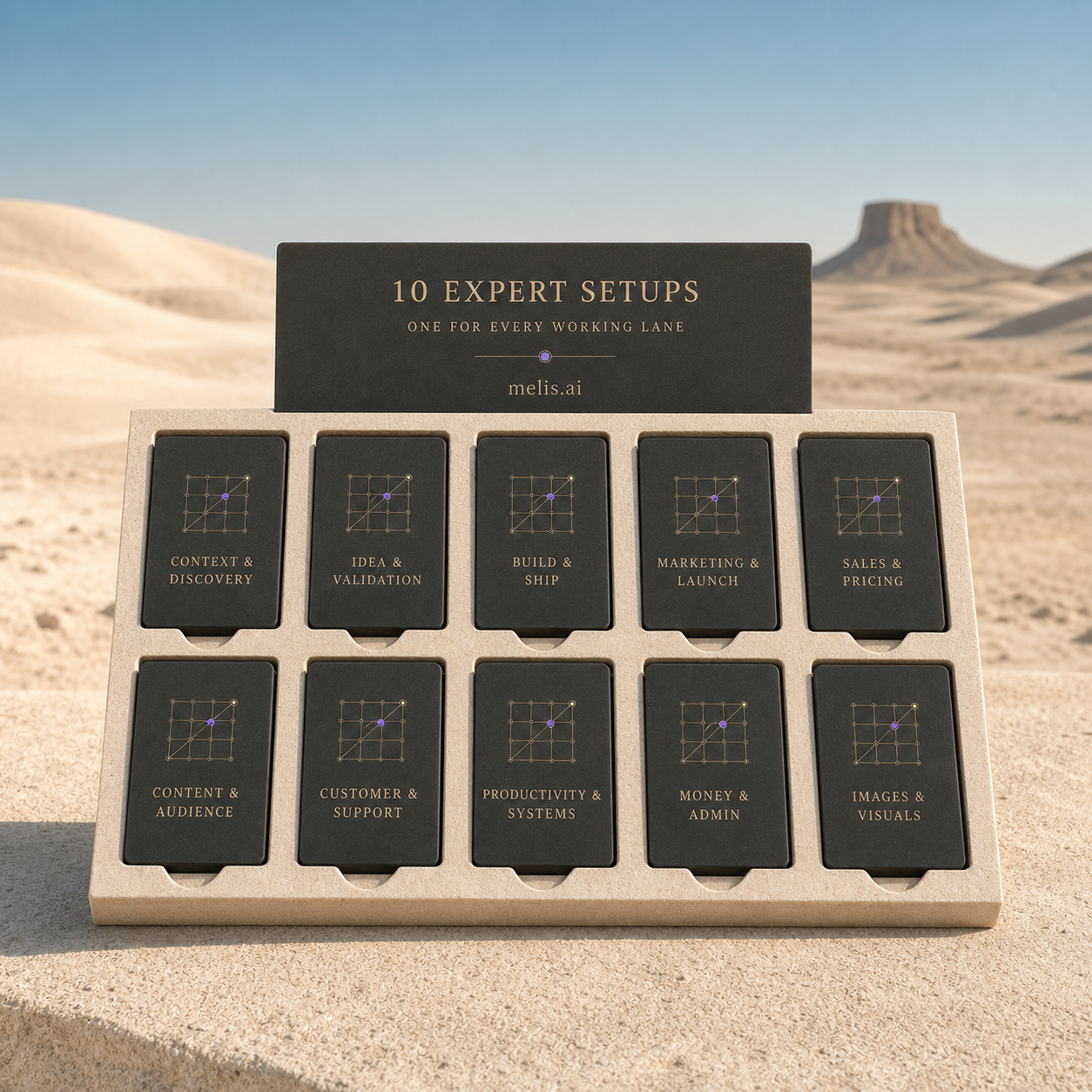 Ten fitted charcoal cartridges represent the ten expert setups included in the final Solopreneurs package