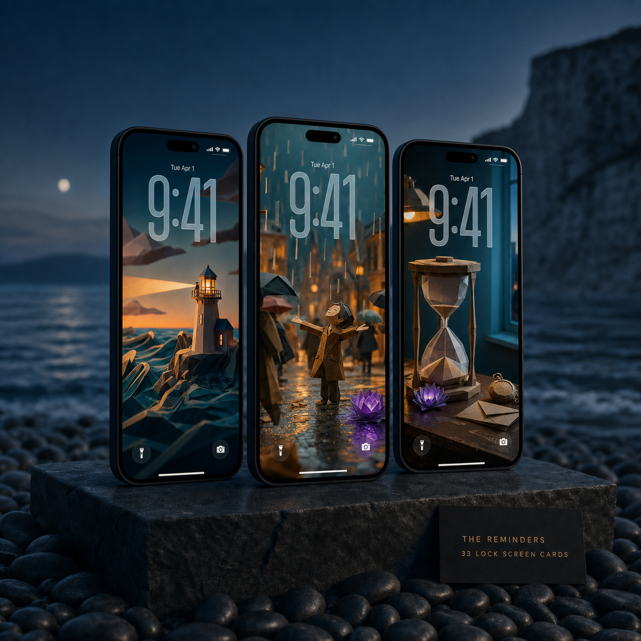 The Reminders collection cover showing finished lock-screen cards on iPhones