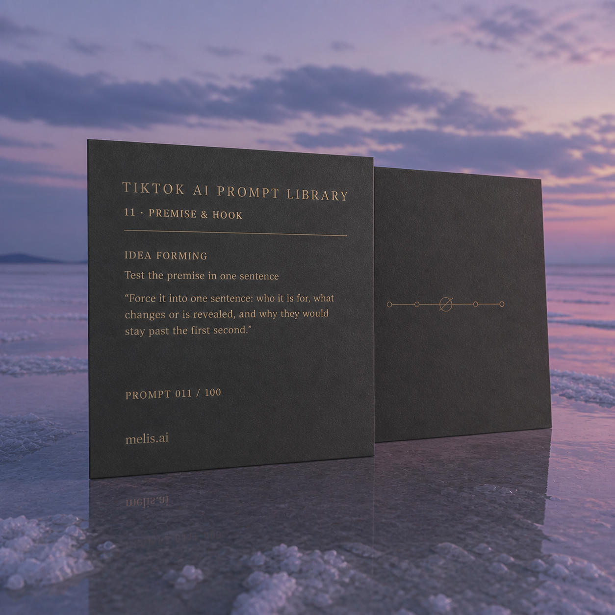 Two charcoal TikTok prompt cards reflected in the salt lake, led by Test the premise in one sentence