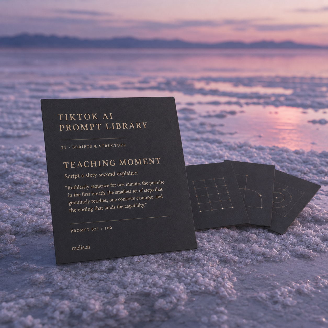 TikTok sixty-second explainer prompt card with three abstract sequence cards on violet salt crystals