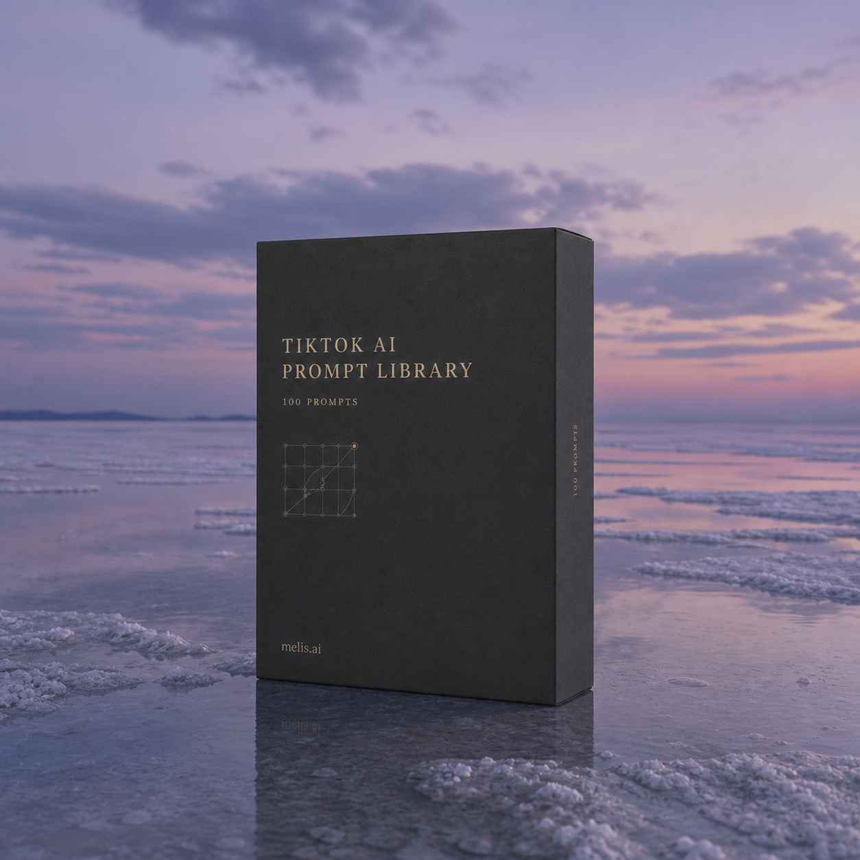 The TikTok AI Prompt Library presentation box beside a violet dusk salt lake