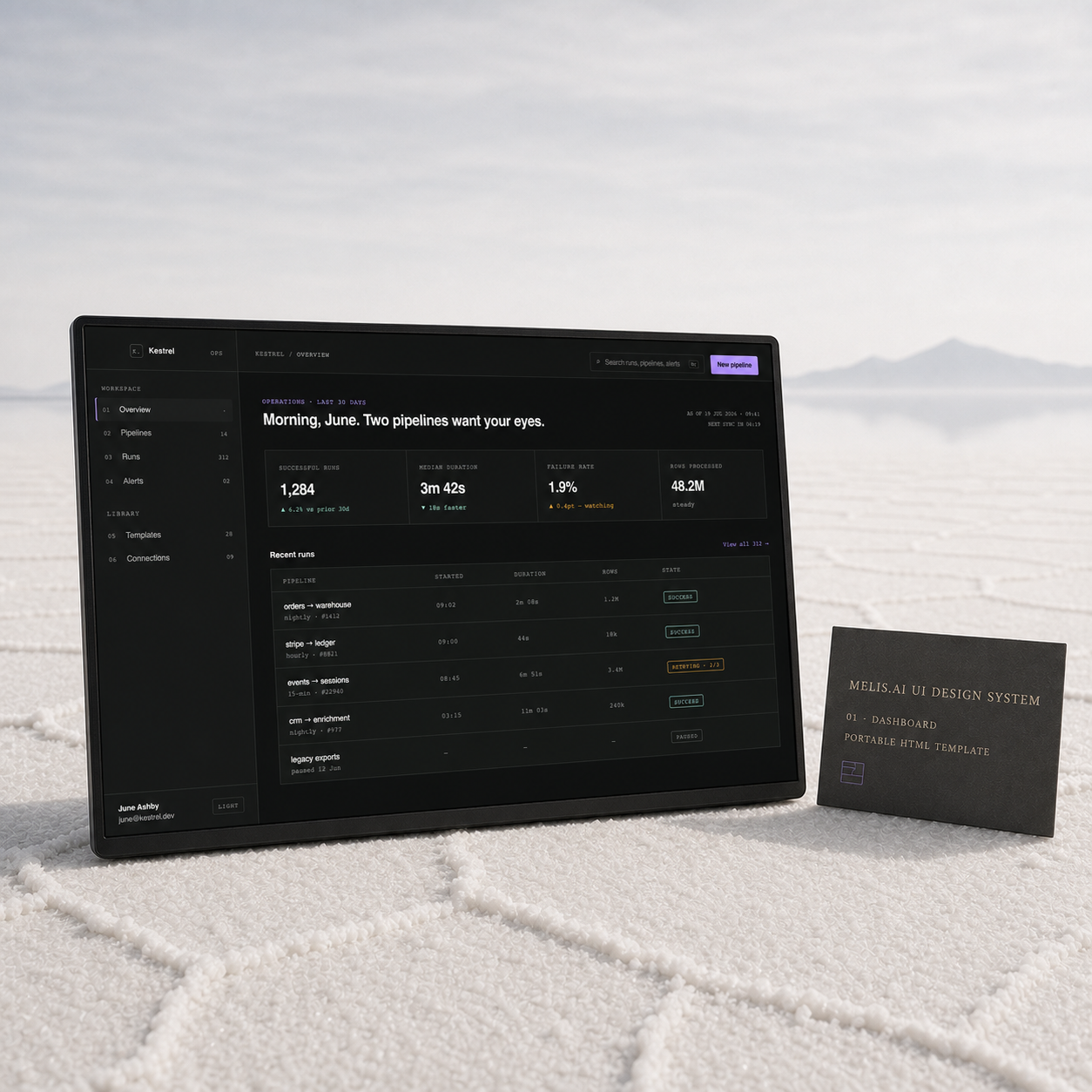 The shipped Kestrel operations dashboard runs on a slim charcoal display on a white salt plain, beside a thin card identifying template 01, Dashboard