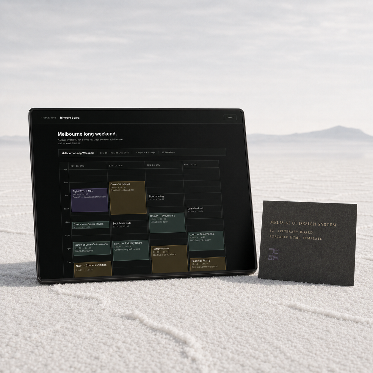 The shipped Melbourne long-weekend itinerary board runs on a slim charcoal display on a white salt plain, beside a thin card identifying template 83, Itinerary Board