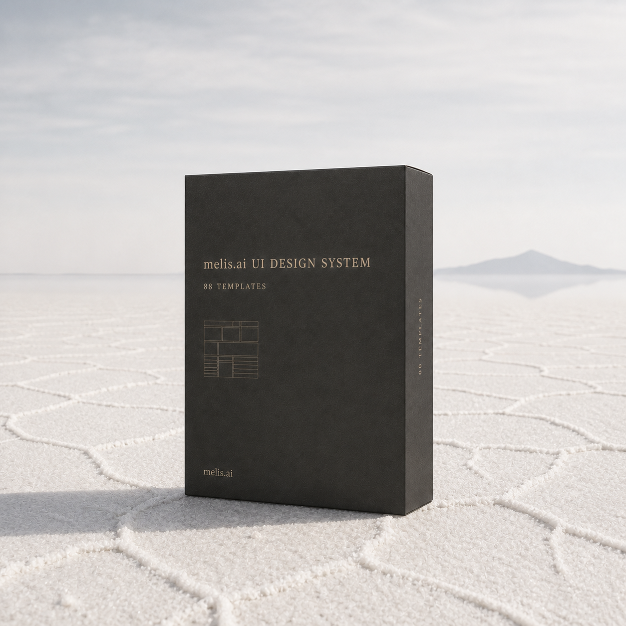 The melis.ai UI Design System presentation box on a white salt plain