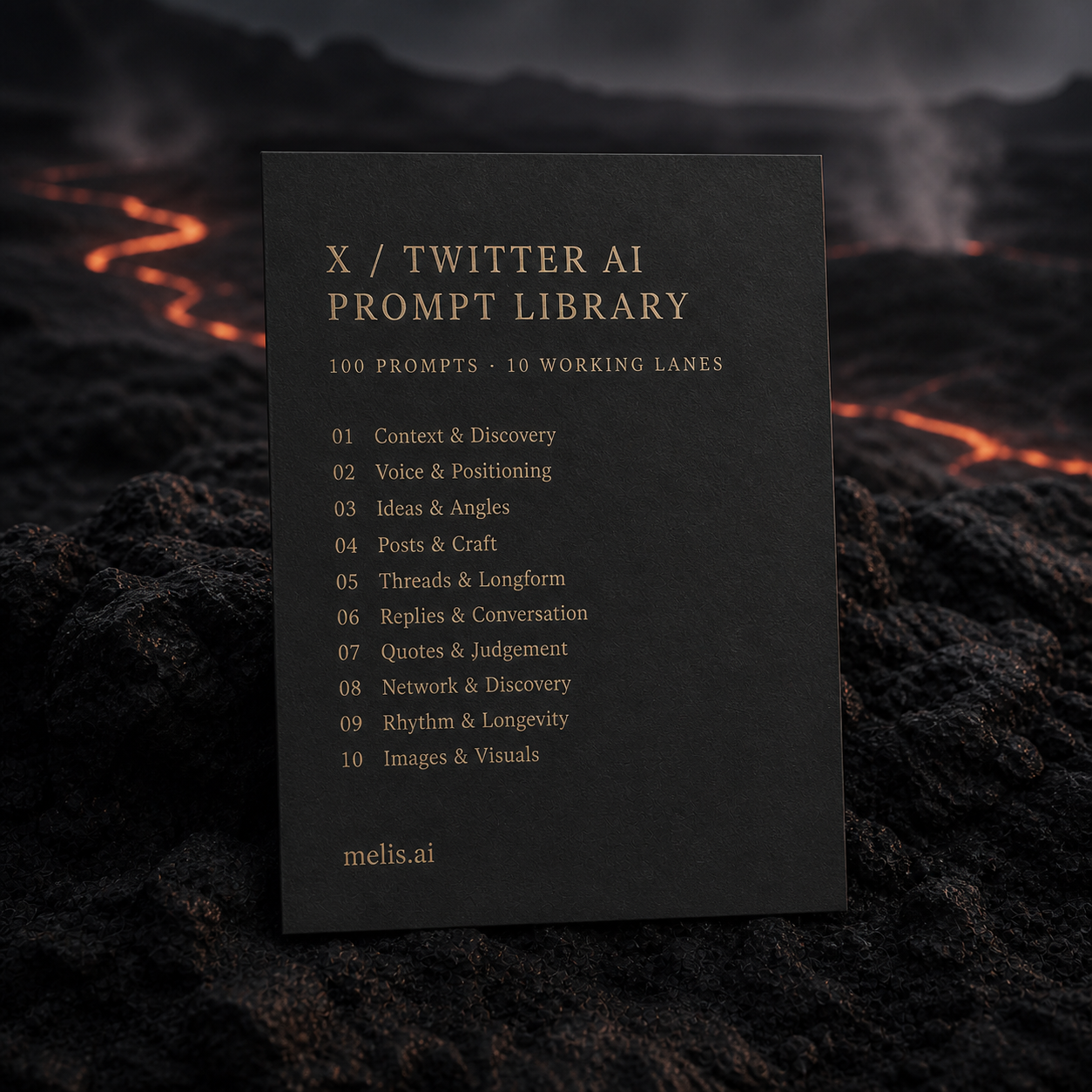 Thin charcoal X / Twitter prompt-library contents card on black volcanic terrain, listing all ten verified working lanes