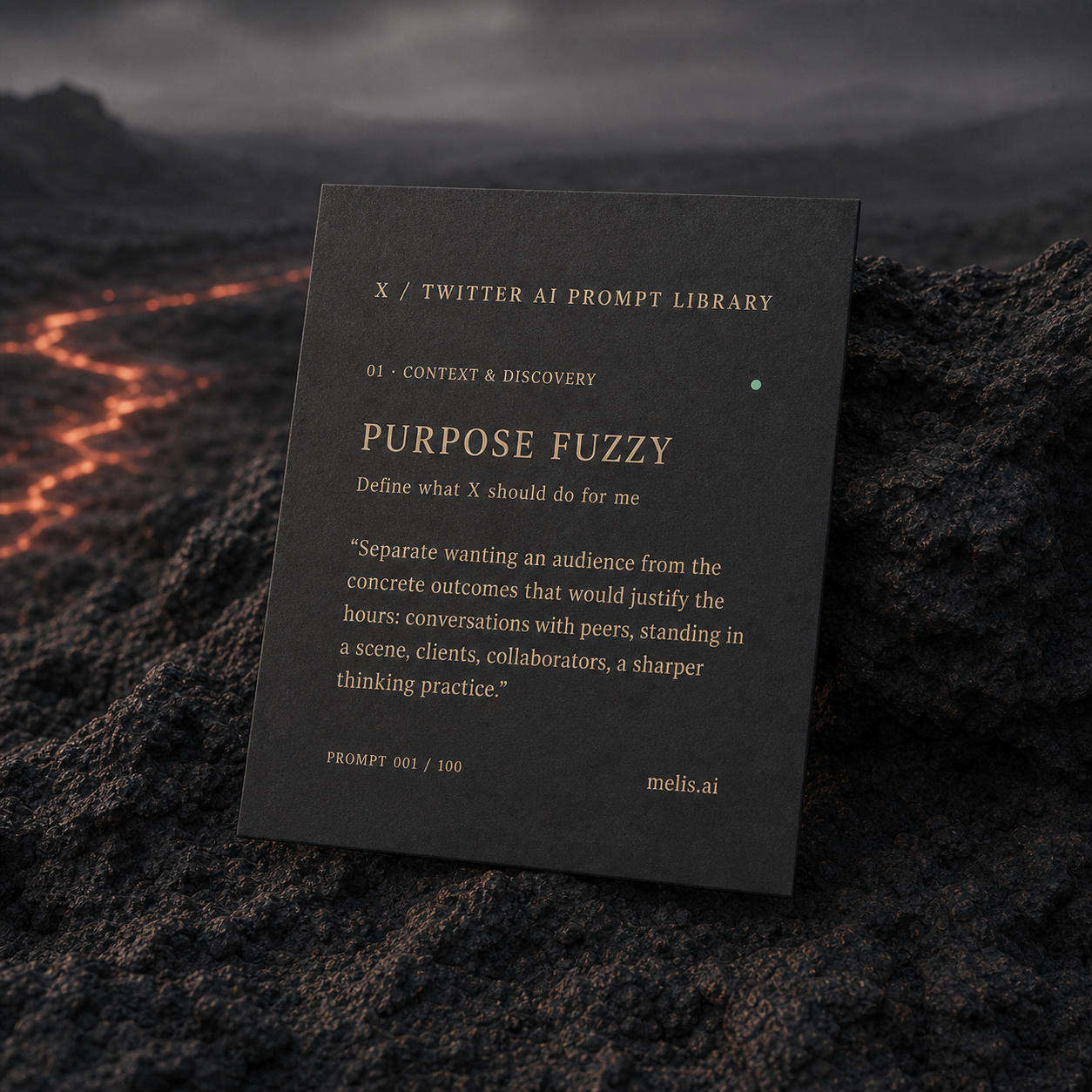 Charcoal X / Twitter prompt card on cooled basalt showing the verified Define what X should do for me prompt